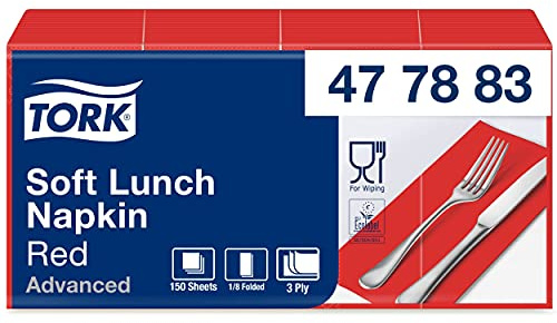 Tork 477883 Soft Lunchservietten Rot 1/8-Falz / 3-lagige, vorgefaltete Servietten für kleine Gerichte oder Snacks/Advanced Qualität / 10 x 150 (1500) Papierservietten / 32,6 x 33 cm (B x L)