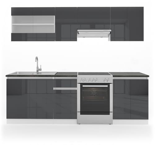 Vicco Küchenzeile Raul, Küchenblock, Anthrazit/Weiß, 240 cm, AP Schwarz