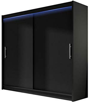 London I Armoire moderne avec portes coulissantes pour chambre à coucher, 180 x 215 x 58 cm, penderie, chambre à coucher (noir, éclairage LED RVB)