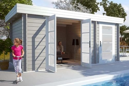 Alpholz Gartenhaus Modern-E aus Holz (Naturbelassen) mit 28 mm Wandstärke, 470 x 320 cm, Flachdach