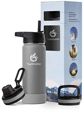 hydro2go Trinkflasche mit Strohhalm – Edelstahl Isolierflasche 500ml – BPA-frei & Auslaufsicher – Für Kinder, Schule, Sport & Outdoor – Stone Gray 2.0 | Isolierte Edelstahl-Trinkflasche 500 Ml; BPA-frei, Auslaufsicher, Hält Getränke 12 H Heiß Und 24 H Kalt – Isolierflasche, XXL
