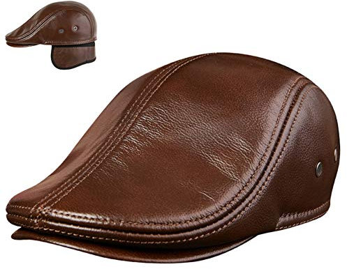 MHGLOVES Herren Leder Baseball Cap Winter Mit Ohrenklappen Beret Gatsby Flatcap Hute,Baskenmütze Flatcap Leder Schiebermütze Newsboy Caps,56-61CM (Braun),Braun,XL