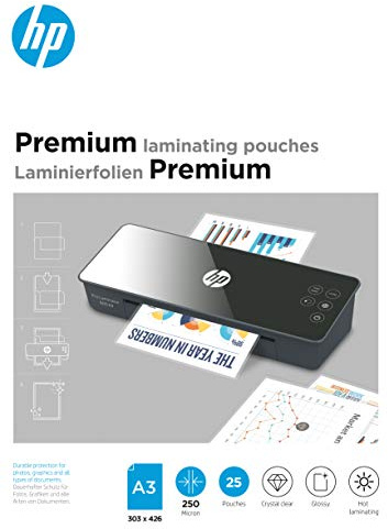 HP Premium Laminierfolien, DIN A3, 250 Micron, glänzend, transparent, zum Heißlaminieren, 25 Stück