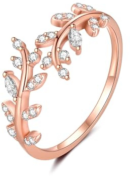 MASOP Ringe Sterling Silber 925/Gold/Rosegold Blatt Zweig Ring Offener mit Weiß/Grün AAA Zirkonia Verstellbar