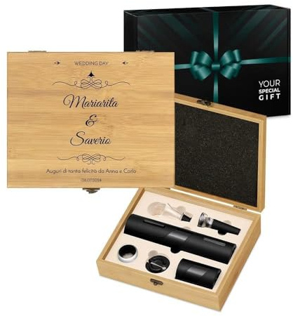 Maverton Stappa Bottiglie Elettrico, Set Accessori Vino | Cavatappi Birra, da 6 Pezzi, Personalizzato a Stampa, Scatola in Legno di Bambù, 27x22x7 cm, per le Coppie, Wedding Day