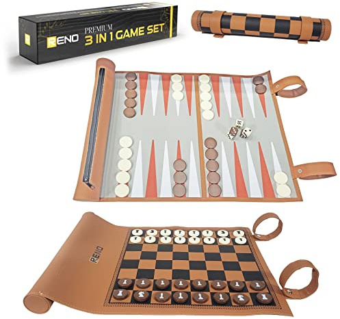 RENO 3 spel i 1 PU-läder schackkontroll backgammonset – brädspel för vuxna – schackset för vuxna och barn – set och spel för resor – spel för barn – reseschack set – ges bort spelset