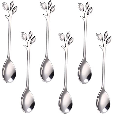 KOMUNJ 6 Stück Edelstahlblatt Kaffeelöffel, Kaffee Zuckerlöffel, Blattform Grifflöffel Edelstahl Teelöffel, für Cocktail Geschirr, Party, Kaffee, Tee, Obst, Silber (Silber)
