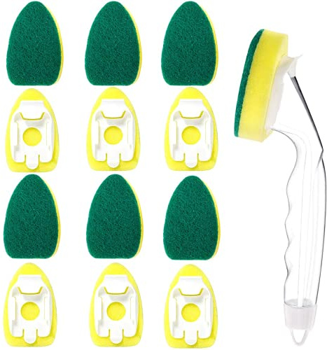 1 Dish Wand and 6 Refill Replacement Sponge Heads, Heavy Duty Non Scratch and Replaceable sponge dishwand refill with Handle, Clean Scrub Sponge Brush for Kitchen Sink Bathroom Dish Cleaning Supplies