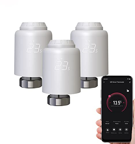 Qiumi Smartes Heizkörperthermostat WiFi Tuya/Smart Life App Steuerung, Ohne Hub, Energiesparend Programmierbar, Sprachsteuerung Alexa/Google,Fenster-Offen-Erkennung
