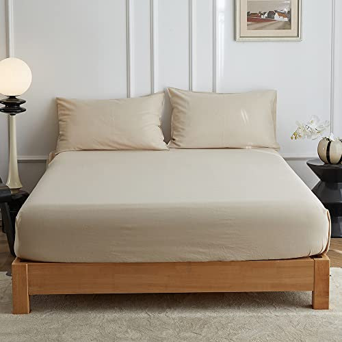 Simple&Opulence King Fitted Sheet,35 Deep Pocket Bed Sheet King,55% Linen 45% Cotton,Breathable Soft Bottom Sheet,150x200cm,Beige/Linen