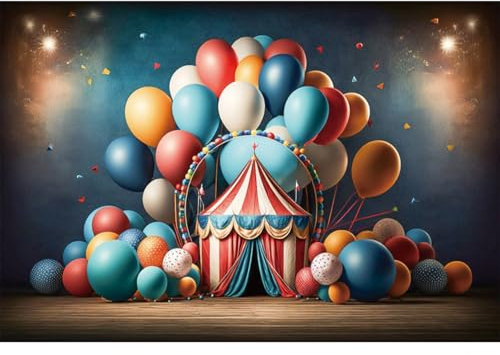 YongFoto 2,5x1,8m Circo Sfondo fotografico Tenda Palloncino Fuochi d'artificio Nastro Pavimento in legno Foto sfondo per bambini Notte di Carnevale Oggetti di scena per servizi fotografici in studio