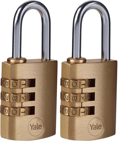 YALE Y150B/30/125/1 - Brass Combination Padlock (30mm) - Indoor Steel Shackle Lock for Backpack, Locker, Tool Box - 3 Dial Lock 1000 Combinations - Standard Security (Pack of 2)