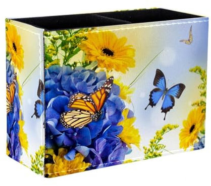 Pen Holder Square Pencil Holder for Desk, Flowers Butterflies Digital Hydragea Daisies Blue Pen Pot Pen Cup Makeup Brushes Holder Stand Display Desk Stationery Organiser for Home Office School