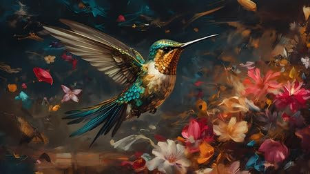 adrium Holz-Bild 70 x 40 cm: Künstlerische Malerei. Das Lied der Blumen. Ein Kolibri inmitten üppiger Natur. Generative KI. (204678686)