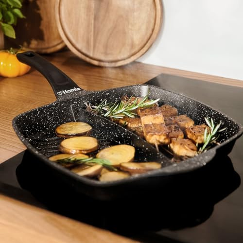 HOMLA Pfanne Grill mit Fach 28cm pfanne 2 fächer LUCASO zweigeteilte pfanne Bratpfanne Antihaft Beschichtung Kratzfest