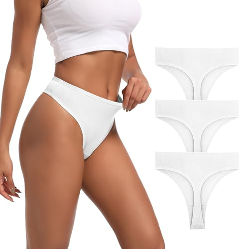 Xlndsoea Lot de 6 strings taille haute en coton côtelé extensible pour femme - Culotte de sport à coupe haute et respirante