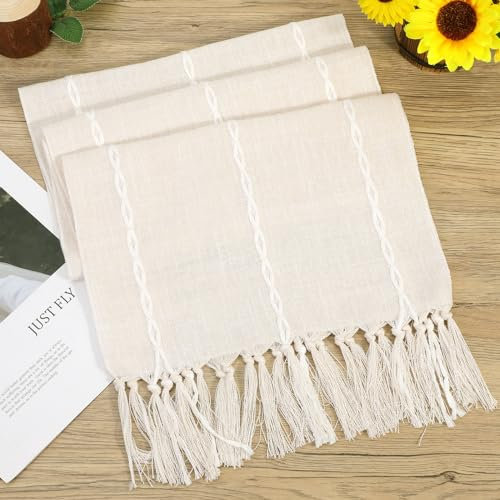 Boho Table Runner - Rustic Farmhouse Cotton and Linen with Hand-tassels, Elegant Kitchen Runner for Daily Dining and Event Decor - 13x72 inches, Beige
