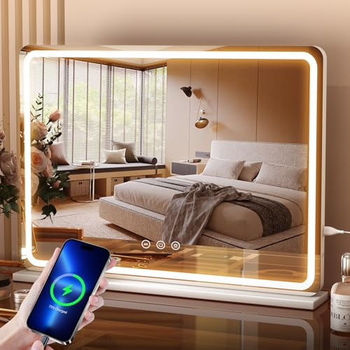 Aovquof Hollywood Spiegel mit Beleuchtung, Schminkspiegel mit 14 LED-Leuchten, 3 Lichtmodi, mit USB und 10x Vergrößerung, Tischplatte oder Wandhalterung für Schlafzimmer (80×55cm)