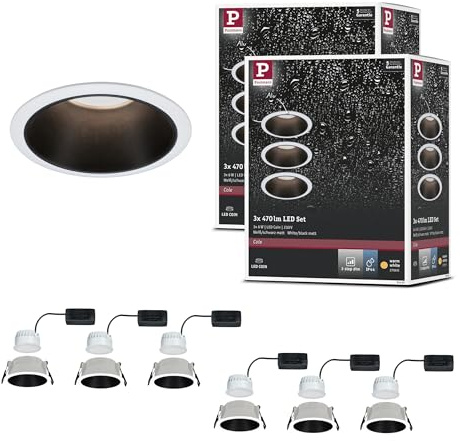 Paulmann 5240 LED Einbauleuchte 3-Step-Dim Cole Coin 6er-Set IP44 rund 88 mm Coin 6x6W 6x470lm 230V dimmbar 2700K Weiß, Schwarz matt