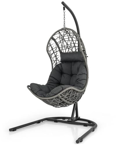 RELAX4LIFE Swing Egg Chair with Stand, Garden Patio PE Rattan Hanging Chair with Cushion & Pillow, Indoor Outdoor Wicker Hammock Chair for Backyard, Balcony, Living Room