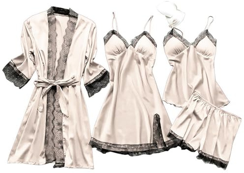 Juego de 4 piezas de pijama de satén para mujer, kimono de encaje, bata, camisón, set de ropa de noche, sexy camisola y shorts, camisón de 4 piezas con relleno de pecho, lencería de tirantes en forma