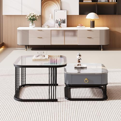 Merax Couchtisch 2er Set,Wohnzimmer Tisch,Satztisch Sofatisch Kaffeetisch Tisch-Set mit eine Schubladen Hochglanz-Marmoroptik, Goldenen Akzenten（Tippe E）