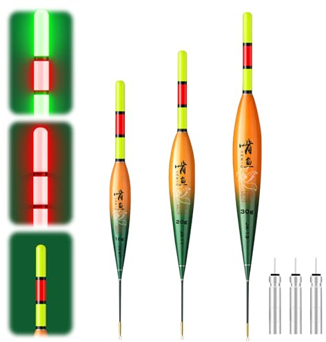 Lergas 3 Stück LED Posen Angeln, Posen Angeln mit Schwerkraftsensor und Metallsockel, LED Posen mit Batterie, Angelzubehör zum Angeln am See, Fluss oder Teich (10g/20g/30g Schwimmfähigkeit)