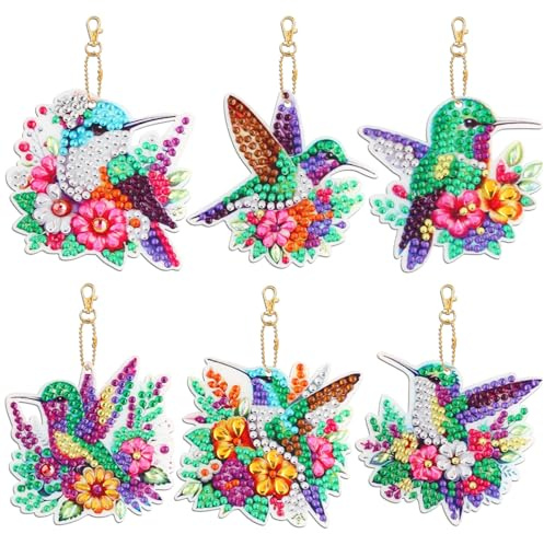 JSRQT 6 Stück 5D Diamant Kunstmalerei Schlüsselanhänger, Blumen Vogel Doppelseitig Diamant Painting Anhänger, Diamant Mosaik Stickerei Aufkleber, Bastelanhänger Crystal Ornamente für Tasche Dekor