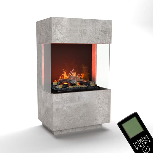 GLOW FIRE Wasserdampf Kamin OGF 1 Mini (Standkamin) - Elektrokamin mit realistischen LED 3D-Flammen, Knistereffekt & Fernbedienung, 55x96x40 cm - Opti-Myst 400 Elektro Kamin mit Holz-Deko, Beton