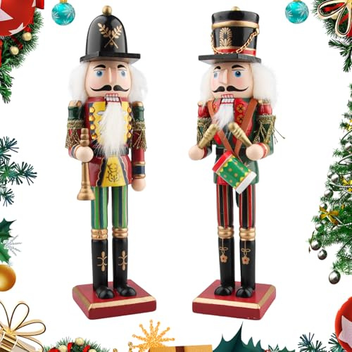 Szhhrxi 2025 Handbemalt Nussknacker aus Holz, 2 Großen Weihnachtsfiguren, Soldat im Erzgebirge Stil - Traditionelle Weihnachtsdekoration für Zuhause (C)