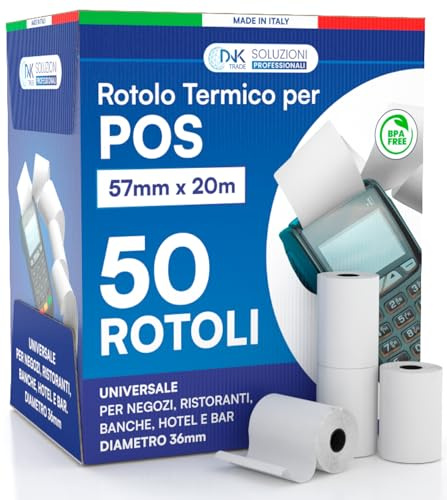 50 Rotoli POS 57x20 metri in Carta Termica Rotolini di Alta Qualità Compatibili con dispositivi POS Nexi Sumup e altri Mobile POS