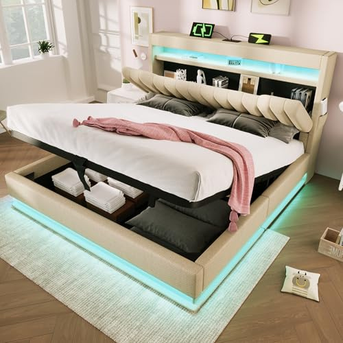 Polsterbett Doppelbett 180x200, LED Jugendbett Hydraulisches Bett Stauraumbett Funktionsbett Bettgestell mit Stauraum&Lattenrost, Stauraum-Kopfteil mit USB Type-C Aufladen, Leinen, Ohne Matratze,Beige