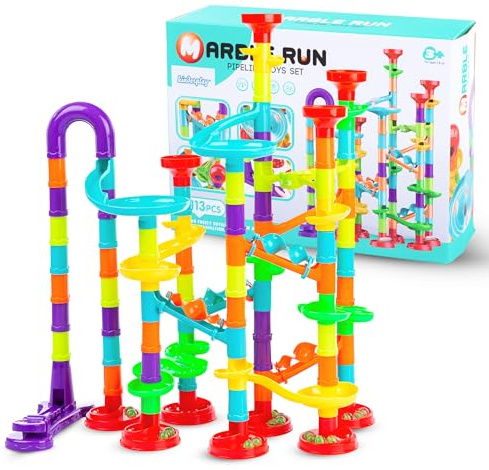 Pista per Biglie in ABS – Set di Costruzioni STEM 113 Pezzi con Rampa Lancia‑Biglie – Gioco Educativo dai 3 Anni – 30 Biglie di Vetro Ø10 mm