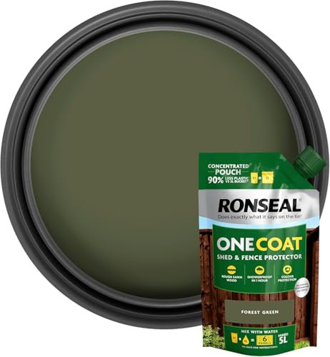One Coat Shed & Fence Paint Refill Pouch – 950ml – Forest Green – Mix 1 Pouch with 4L Water to Make 5L – Same as Ready-Mixed Buckets – Weatherproof Wood Treatment for Fences & Sheds