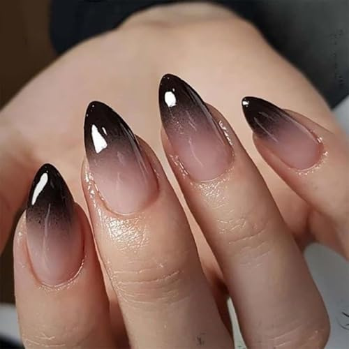 Xanthelle Press on Nails, Short Nude-Black Almond Shape Nails with Colour Gradient, Stick-on Fingernails for Women, Artificial Nails for Halloween