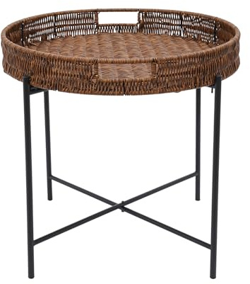 Tavolino pieghevole intrecciato Ø 48 cm con vassoio rimovibile e regolazione in altezza, tavolo in rattan salvaspazio in materiale PP, portata 10 kg, per soggiorno, balcone, giardino
