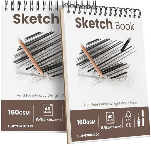 Umriox A4 Sketchbook,2-Pack Sketch Book with 160gsm Thick Paper, Top Spiral Bound Sketch Pad, Acid-Free Drawing Paper,Art Drawing Pad for Artists, Students & Professionals,80 Sheets / 160 Pages