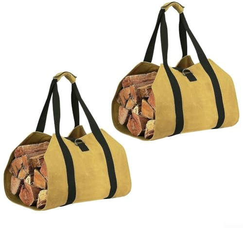Waterproof Firewood Carrier Bags 2pcs Featuring Foldable Design and Canvas for Heavy Load Carrying and Outdoor Use (earthy yellow)