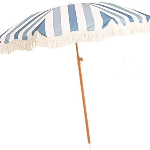 Parasol de plage portable avec pompons, 200 cm, protection solaire UPF 50, bouton d'inclinaison réglable, léger, idéal pour l'extérieur, la terrasse et la plage, rayures bleues et blanches, avec étui