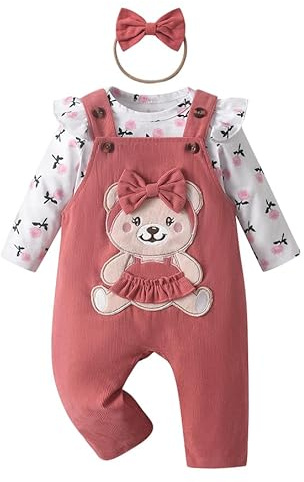 Kumsolu Baby Girl Clothes Ruffled Sleeve Tops Bear Print Dungarees 3-Piece Outfit Set
