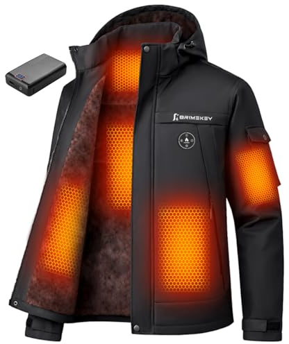 Brimekey Grafeno Chaqueta Calefactable Hombre con Forro de Felpa, Batería 20000mAh 7.4V Pantalla HD, 6 Zonas de Calor Ajustables y 3 Niveles de Temperatura, Impermeable y Resistente al Viento