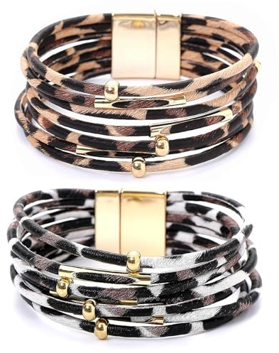 HTTDSLF 2 Stück Leopard Armbänder Breites für Frauen, Damen Boho Mehrschichtige Kristallperlen Manschette Armband