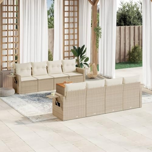 QJBSAVVA 9tlg. Beige Garten-Sofagarnitur Poly-Rattan mit Akazienholztisch modular Balkonmöbelset Stauraum