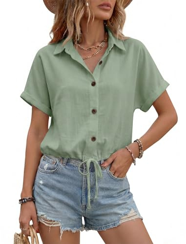Enmain Chemisier Femme en Lin Coton Crop à Cordon Été Chemise Manches Courtes Col en V Uni Léger Infroissable Respirante Blouse Femme Regular Fit Chic et Élégant