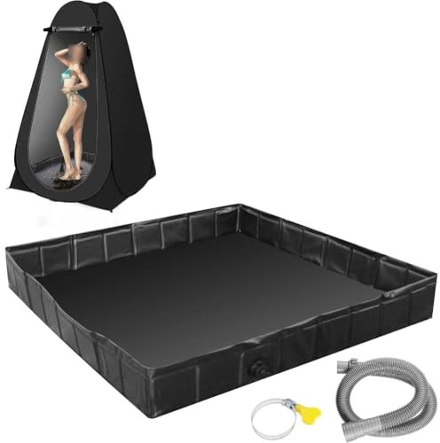 MoSundi Foldable PVC Shower Base with Drain Hose for Camping or Outdoor Use, Portable Large Tray, Black