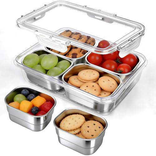 Snackle Box Behälter, Edelstahl-Lebensmittelbehälter mit 4 Fächern,Durchsichtige,Unterteilte Obst-,Nuss- und Gemüseschale für Küche,Picknick,Party
