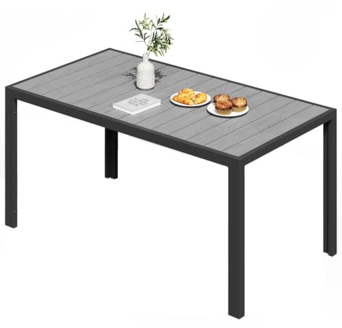 JUMMICO Table de Jardin Extérieur 150x80cm pour 4-6 Personnes, Cadre en Aluminium, Design Aspect Bois, Antirouille, Facile à Nettoyer et Imperméable - Idéale pour Tous Les Espaces Extérieurs, Gris