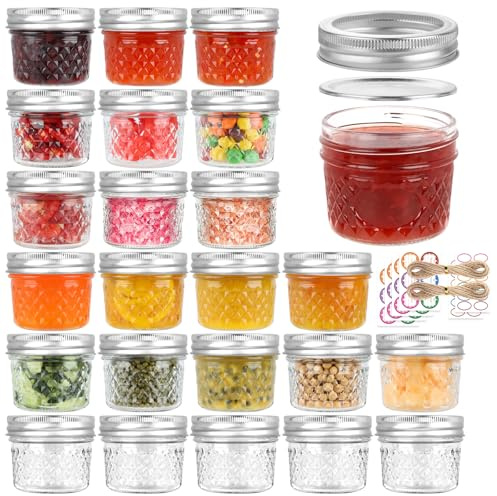 RusseryPek 120mL/4oz Small Mason Jars, 24 Pack Canning Jars with Regular Lids and Bands, Mini Glass Jars for Jam, Jelly, Honey, Spice, Wedding Favors, DIY Projects