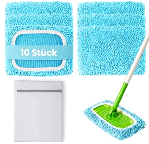 10 Stück Chenille Bodentücher für Swiffer Bodenwischer 11,5x26cm, waschbar | Nass & trocken, Mikrofaser, für Tierhaare, Staub, Laminat, Parkett, Fliesen, 10 Tücher + Wäschebeutel, nicht WetJet