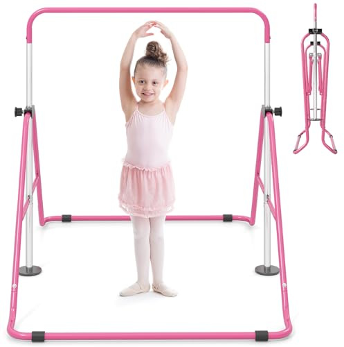 GYMAX Barre de Gymnastique Enfant Pliable, Hauteur Réglable sur 5 Niveaux 90 à 130 cm, Barre d'Entraînement Gym avec Cadre Triangulaire, pour Intérieur et Extérieur, Charge 70 kg, 3-12 Ans (Rose)